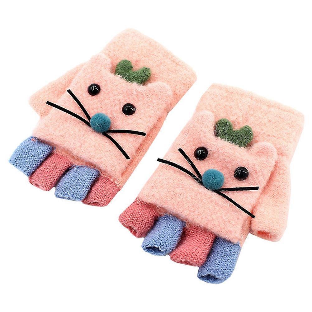 Stickade handskar för barn Rosa varma handskar med plyschfoder för flickor Utomhuscykling 1Pair