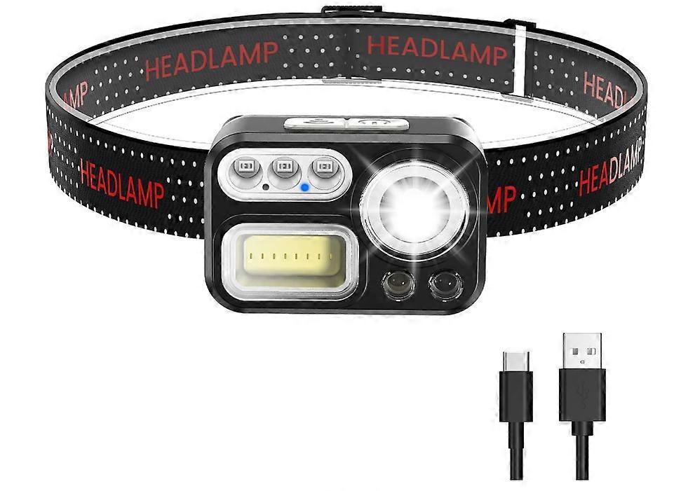 Led Head Torch Rechargeable, Waterproof USB-C Headtorch, 200 Lumen Super Bright, with 1500 mAh Battery, Motion Sensor, 5 Light Sources, 8 Modes(Black)