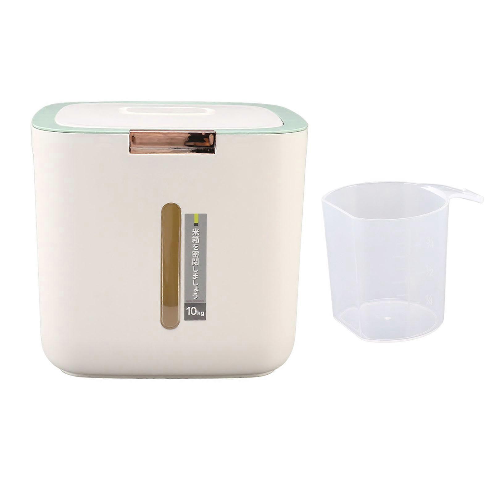 22.0 lb Capacity Rice Storage Container, Food Grade PP Thickened Sealed Grain Storage Barrel with Measuring Cup and Lid Light Green