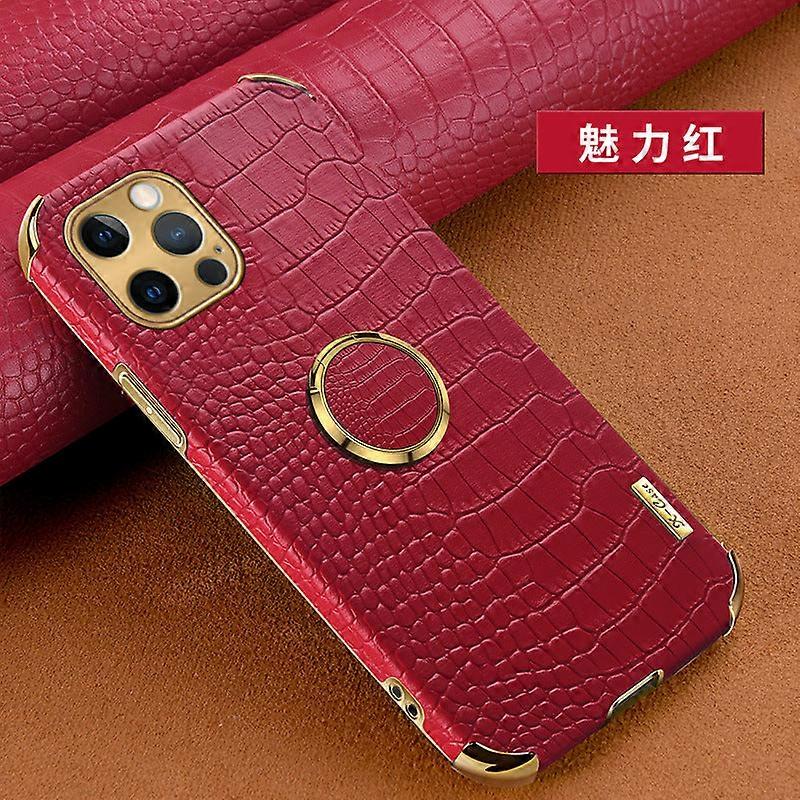 غطاء حماية لآيفون 14 برو أحمر [نوع الخاتم] بو جلد تمساح حامل حلقة ناعمة كامل Eee1025