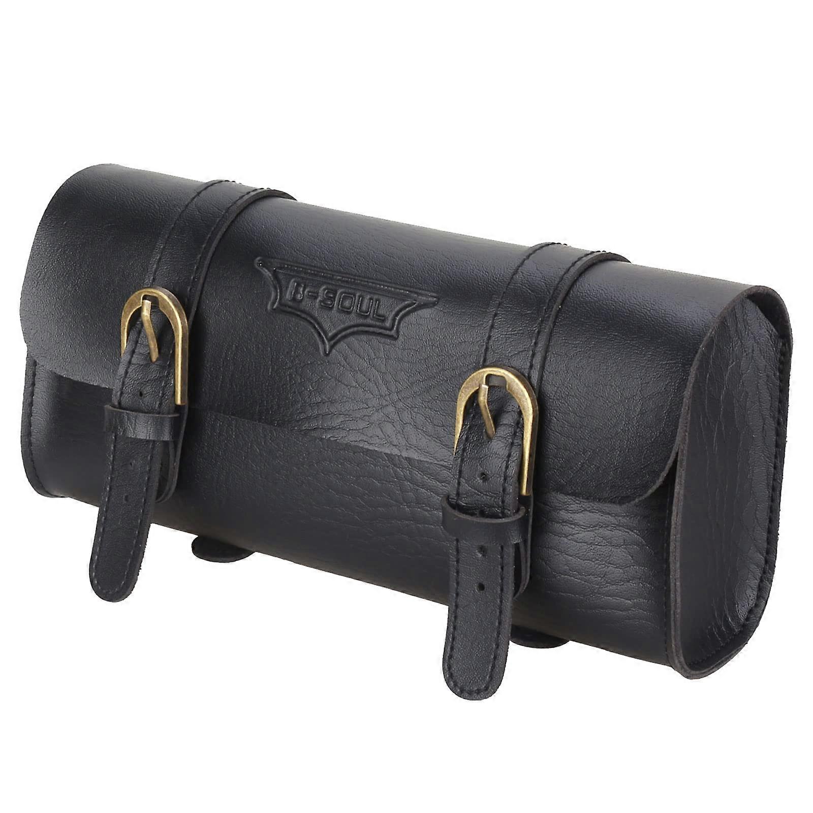 Motorcycle Handlebar Bag Leather Handmade Fork Bag Tool Pouch With Straps Black