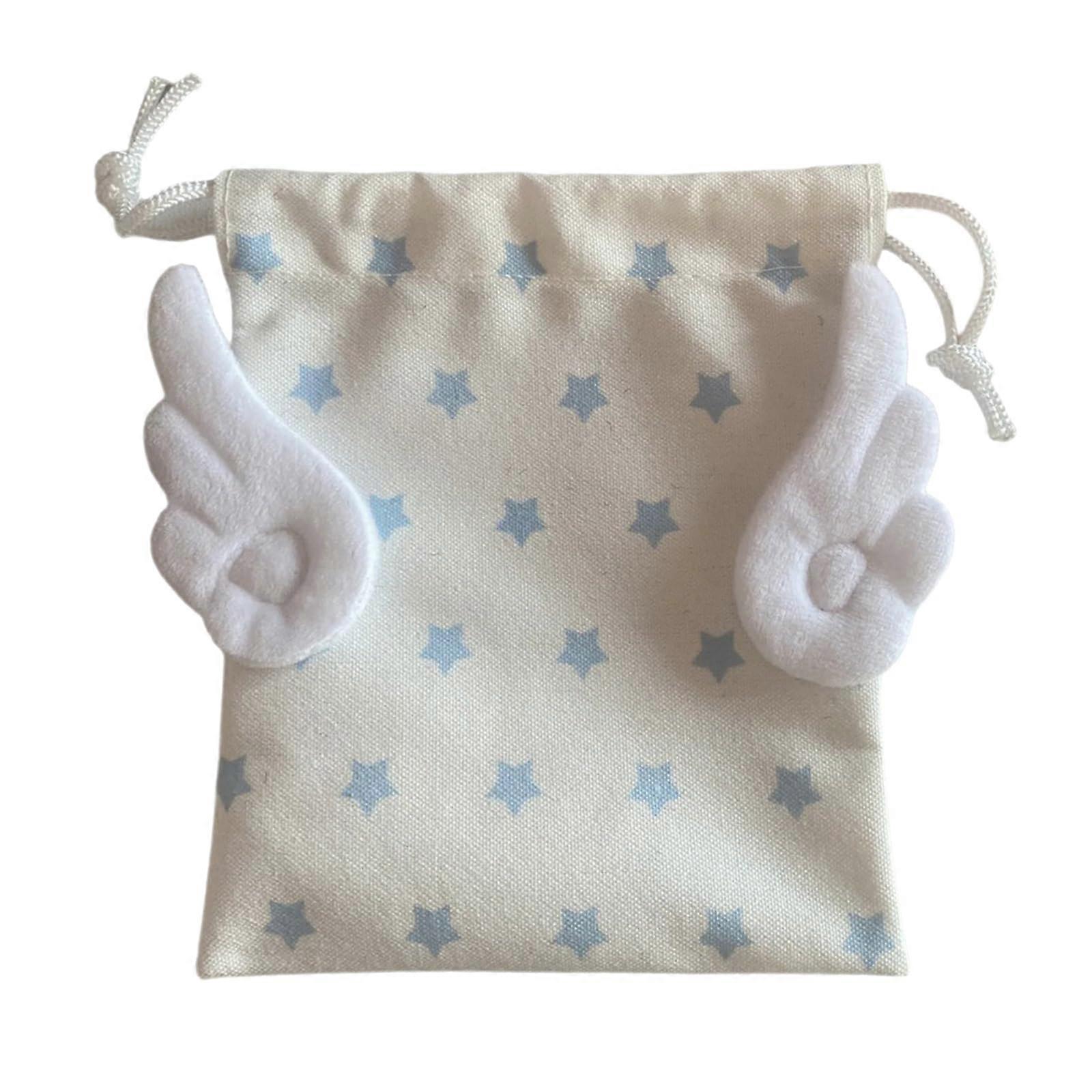 Drawstring Pouch Plush Winged Makeup Bag With Star Pattern Portable Cosmetic Organizer White