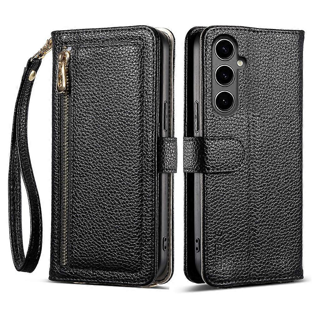 ESEBLE E11 Compatible For Samsung Galaxy A25 5G (Global) Case Zipper Pocket Litchi Texture Leather Phone Cover with Mirror and Wri