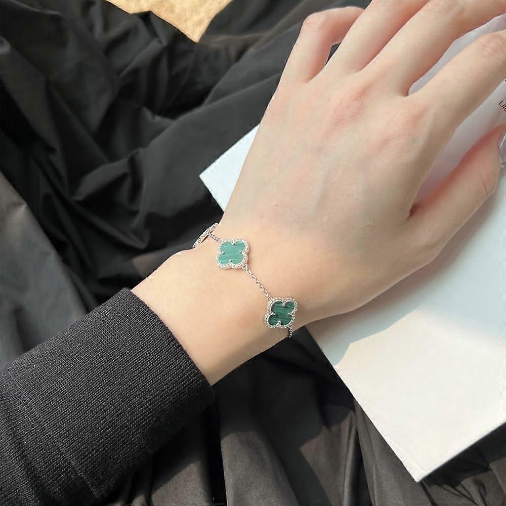 Unique Four Leaf Clover Bracelet for Women and Men, 925 Sterling Silver, Lucky Clover Design in White, Black, Green Colors