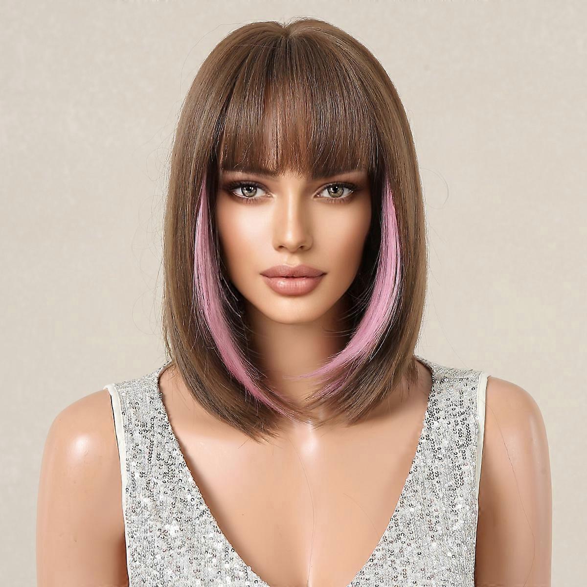 Brown and Pink Machine-Made Synthetic Wig for Daily Wear – Heat-Resistant, Natural-Looking, Easy-to-Wear