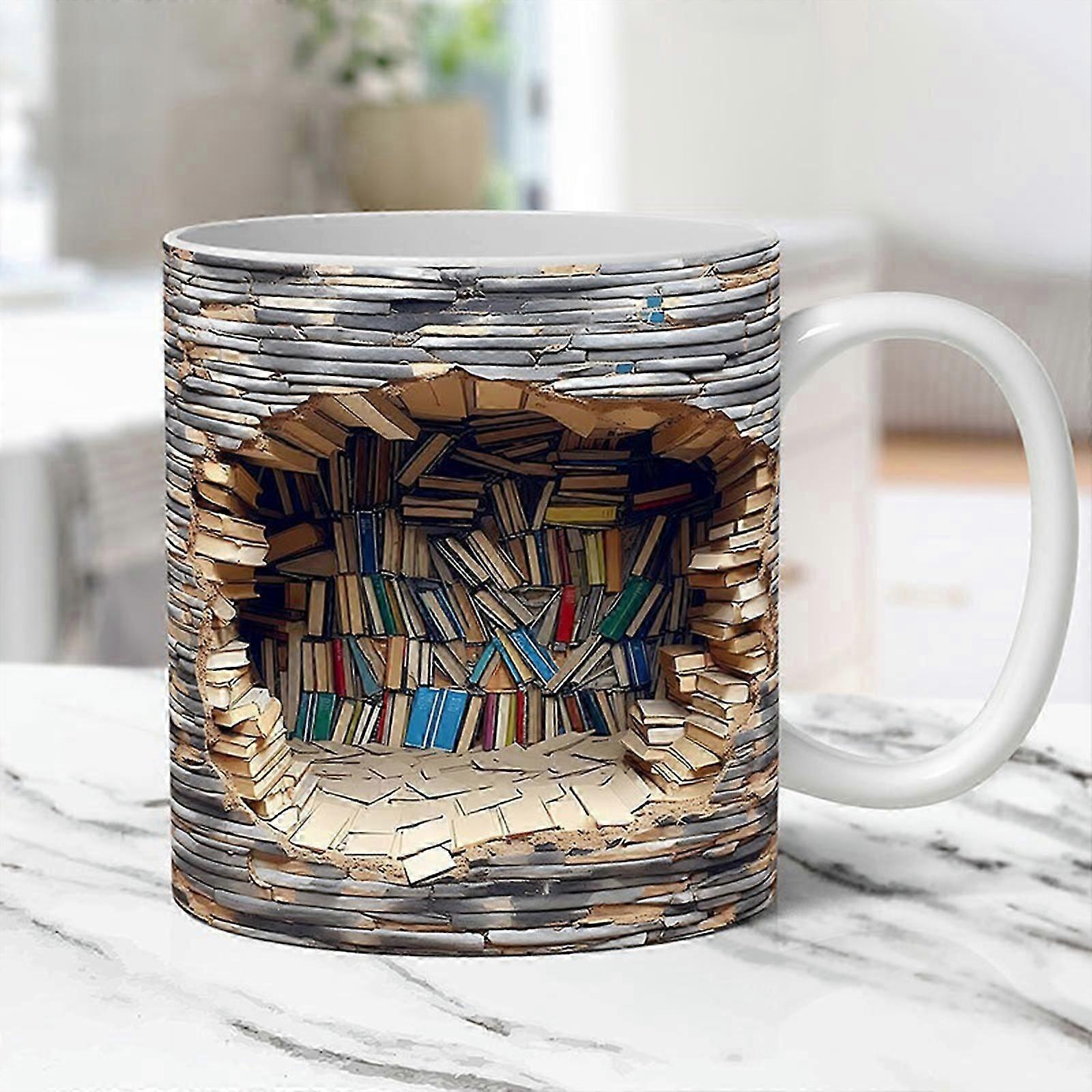3D Bookshelf Mug, Bookshelves Hole In A Wall Mug, Creative Space Design Multi-Purpose Mugs, Book Lovers Coffee Mug for Women and Men