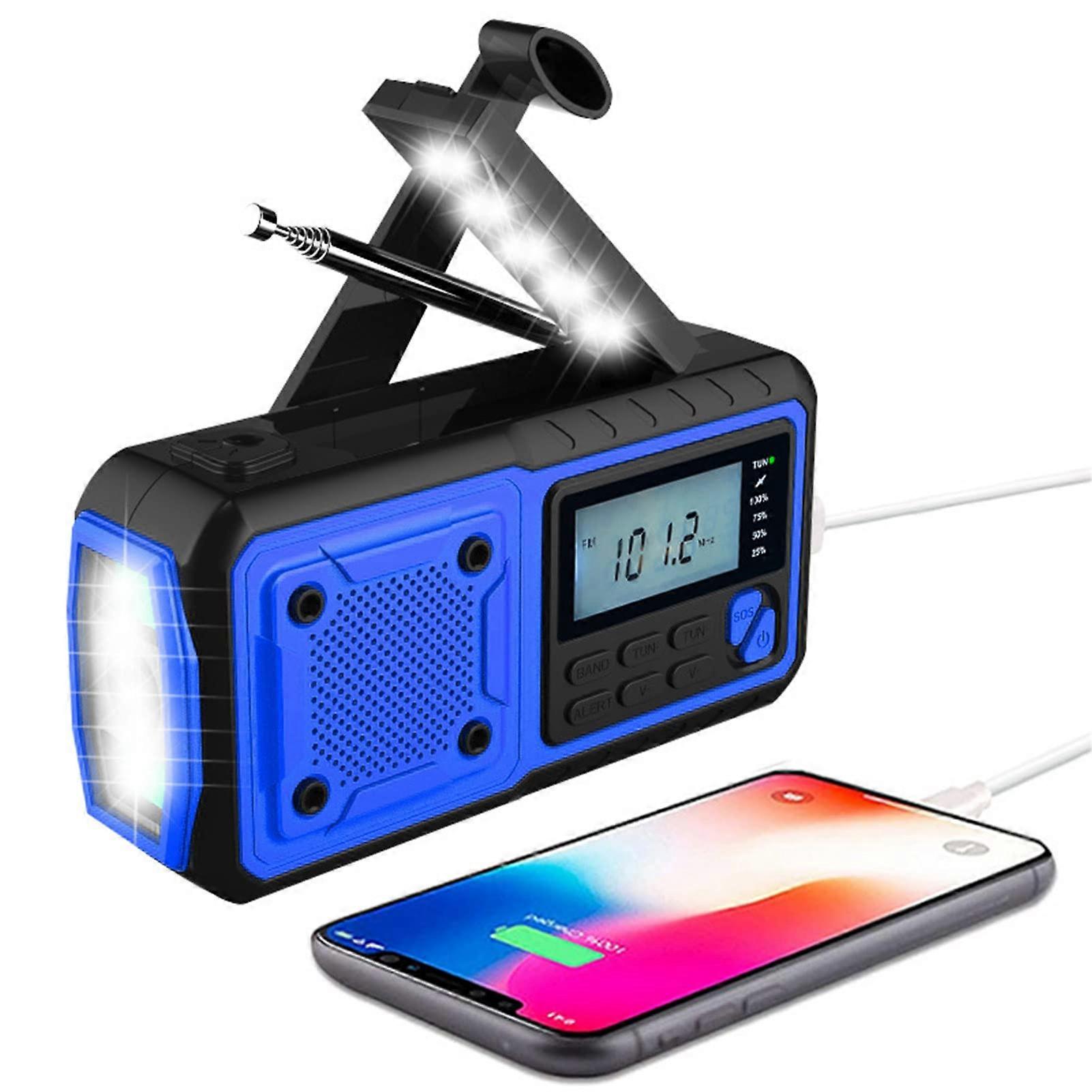 Emergency-Radio Weather Radio 4000mAh Solar Hand Crank AM/FM/SW NOAA Alert Reading Lamp Flashlight SOS Alarm Blue
