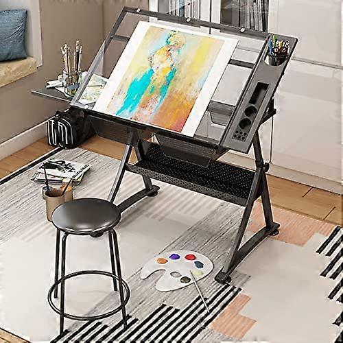 Drafting Desks Glass Drafting Desk With Tiltable Tabletop Height Adjustable Drawing Table For Artists Stool Included