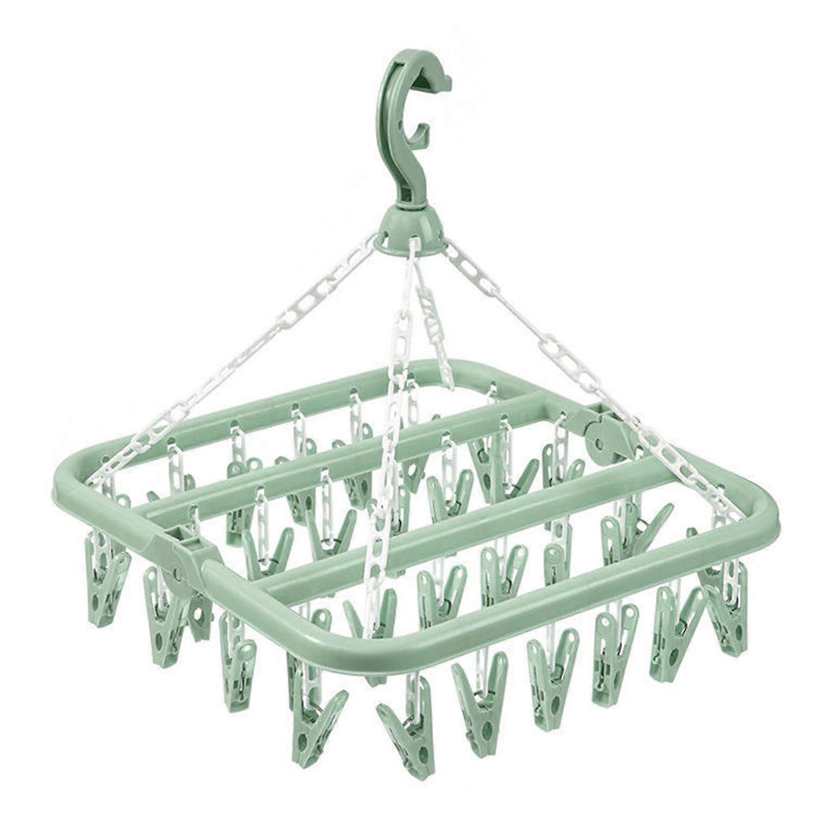 Clothes Drying Hanger 32Clips Foldable MultiFunctional Sock Dryer Rotary WindSock Hanger for Clothes Line Green