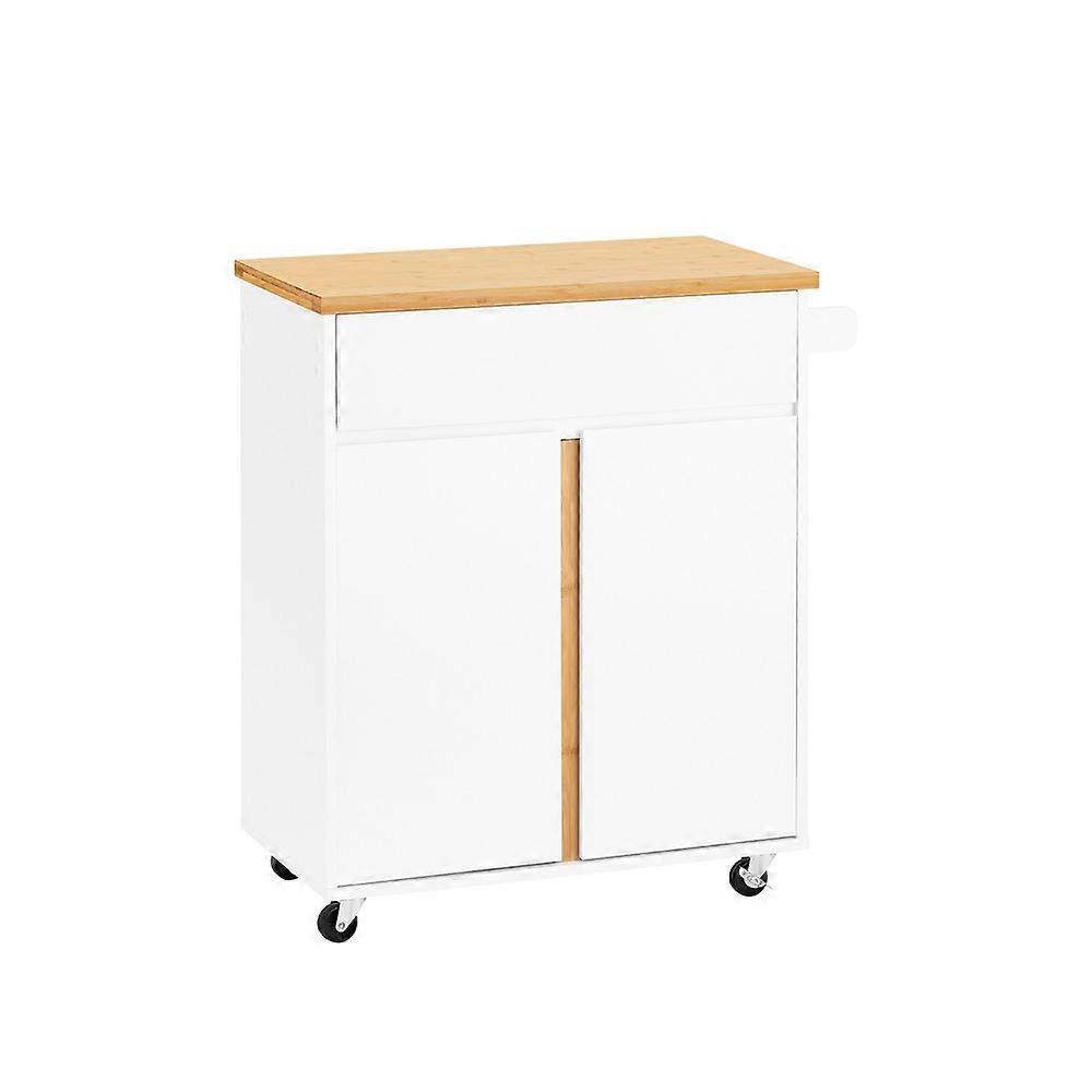 SoBuy FKW125-WN，带木质顶部和轮子的厨房服务推车，白色厨房岛推车，带储物架和抽屉，独立式橱柜