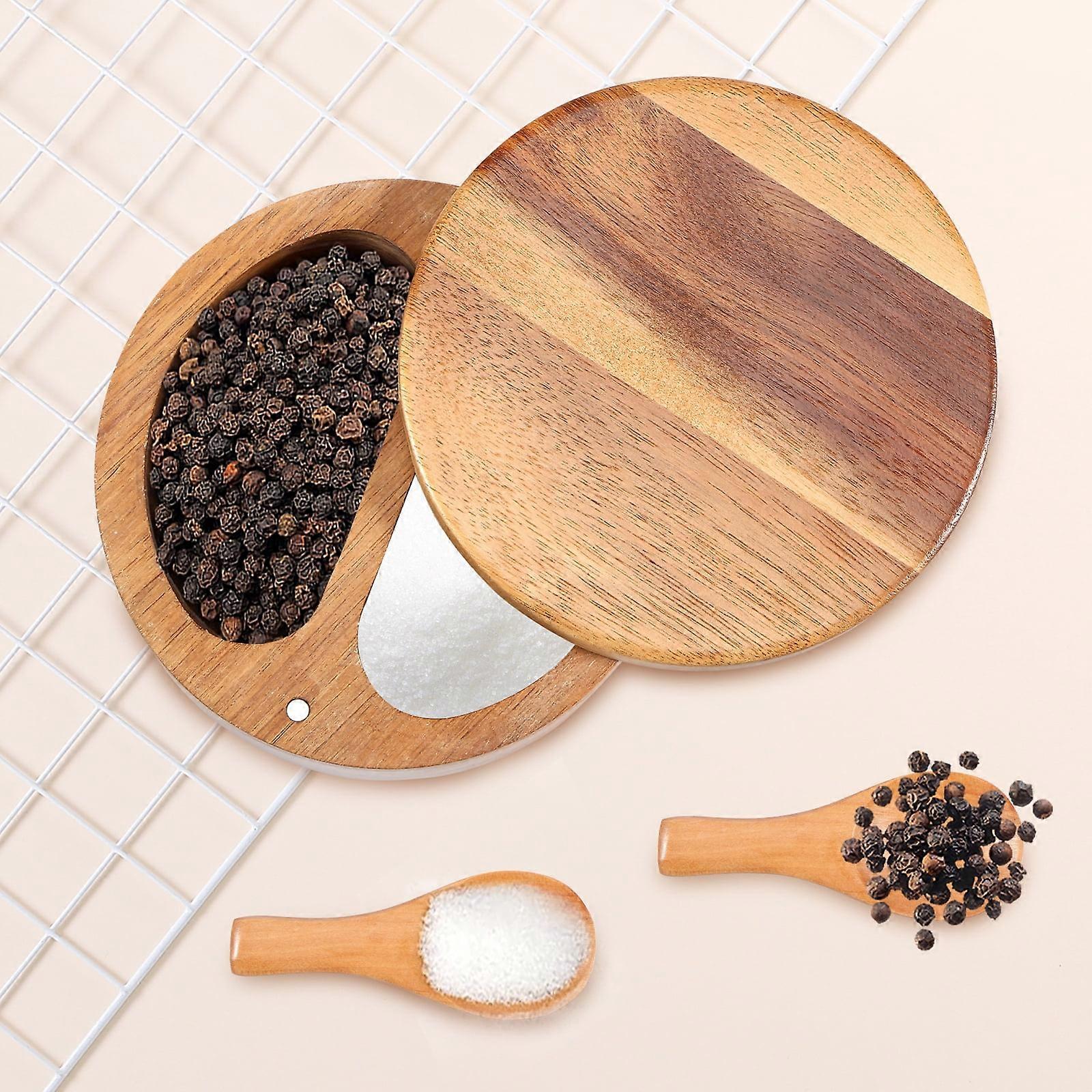 Acacia Wood Salt & Pepper Box with Rotating Magnetic Lid, 2 Compartments + Spoons, Practical Spice Cellar for Kitchens