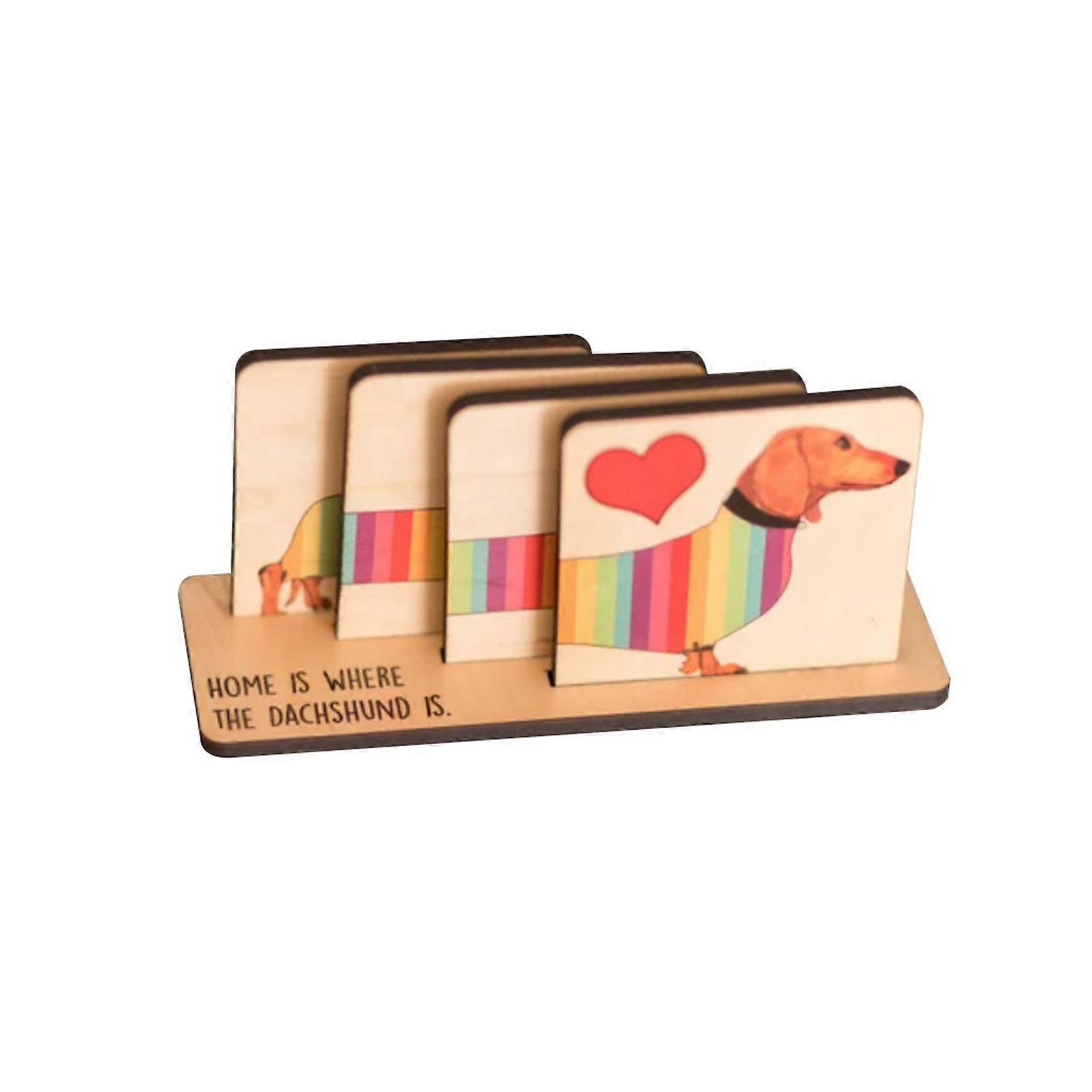Elegant Dachshund Rainbow Pattern Wood Coaster Multipurpose Desktop Organiser Wooden Tableware Accessory Multicolor