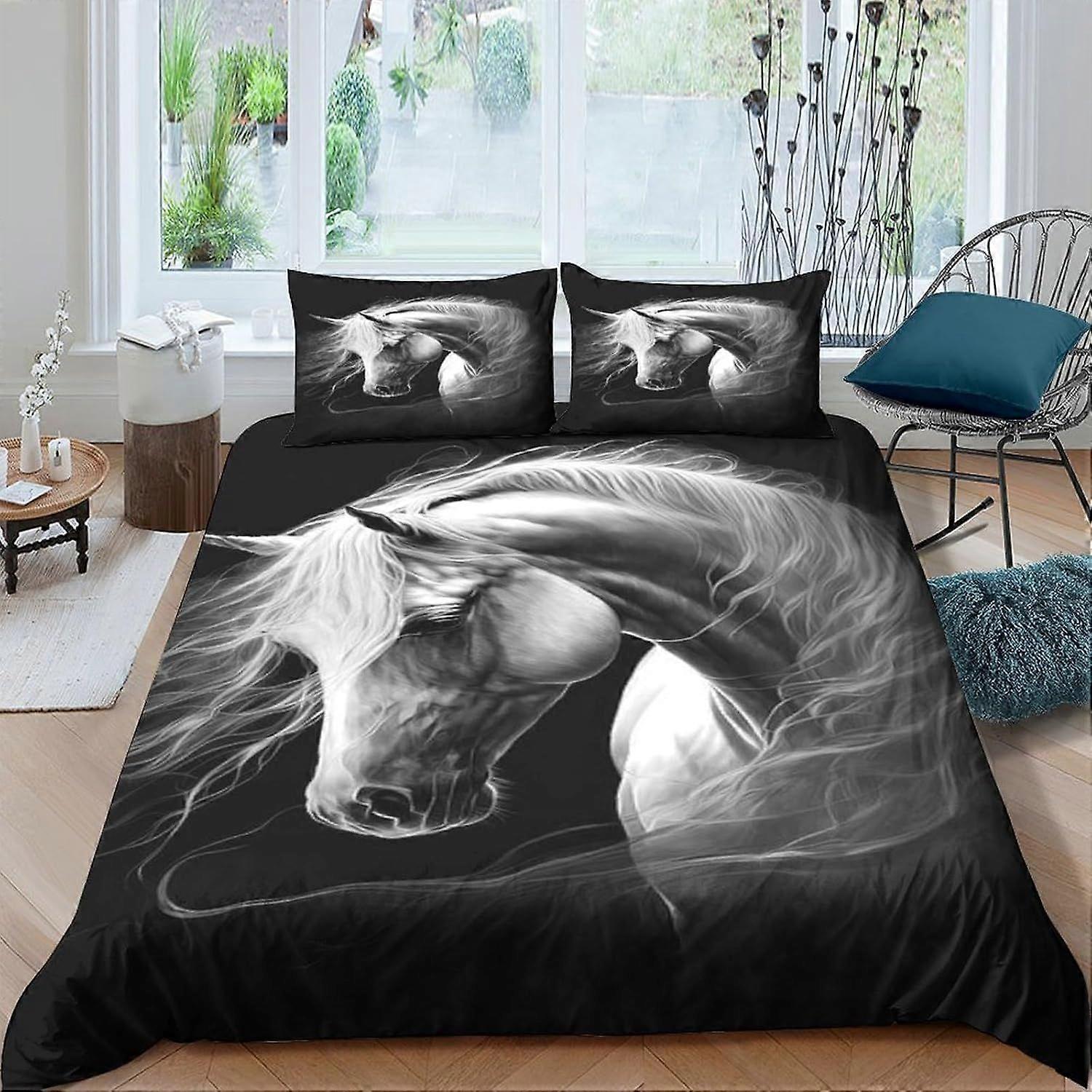 Conjunto de cama com estampa de cavalo em 3D para crianças e adultos, capa de edredom com fronhas, capa de microfibra com fecho de zíper.