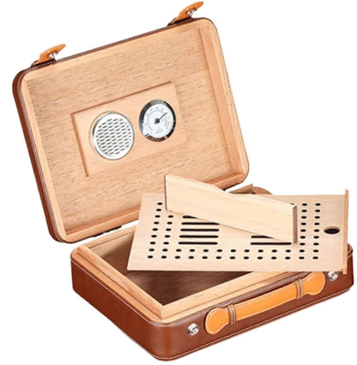 Cigar Case Humidor, Cedar Wood Cigar Box for 30 Cigars, Large Capacity with Hygrometer and Humidifier in Brown