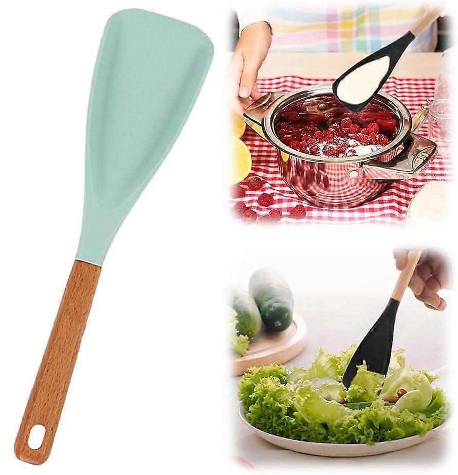 Silicone Spatula Spoon with Wooden Handle, Heat Resistant 2 in 1 Cooking Utensil for Kitchen Blue
