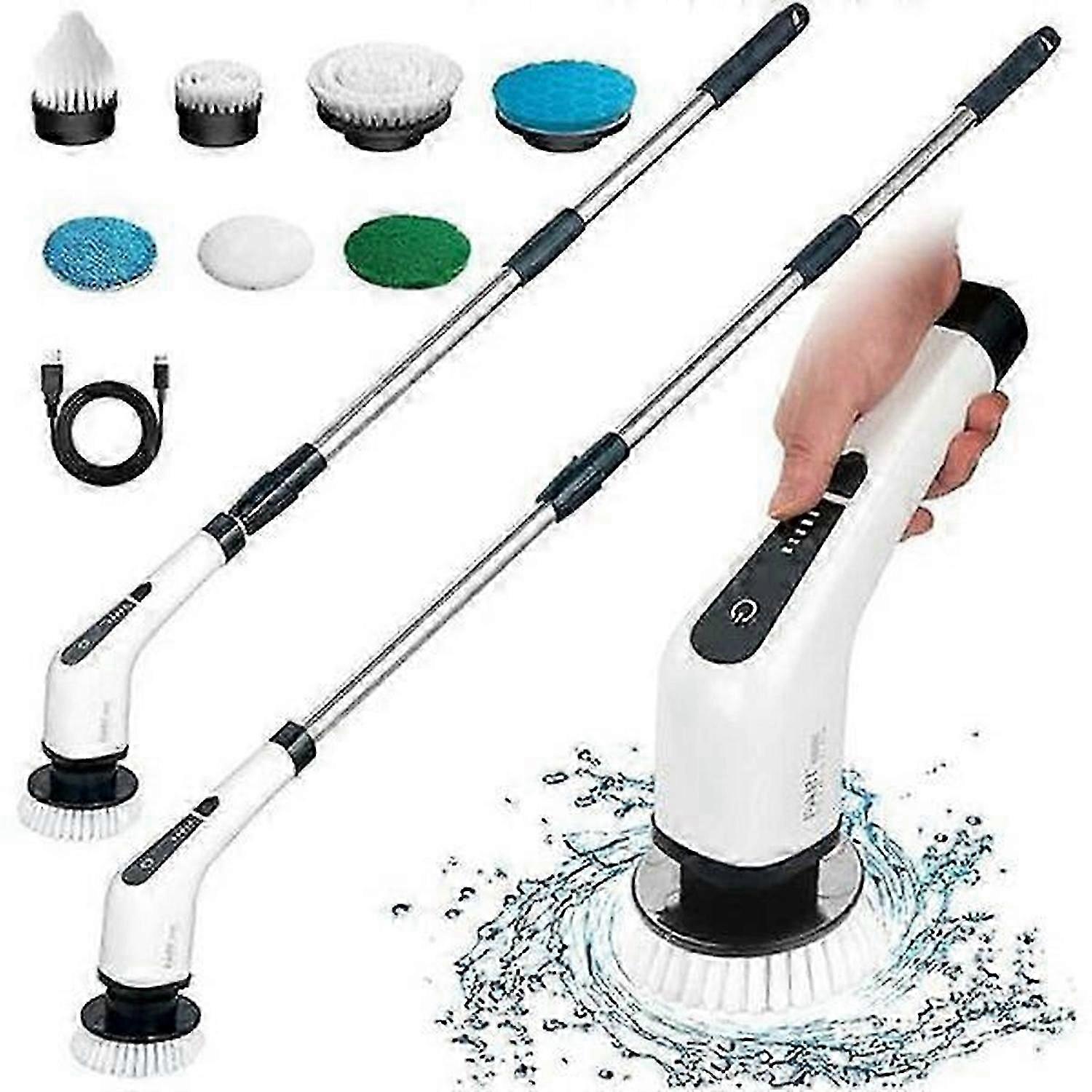Electric cleaning brush with 7 replaceable brush heads and adjustable handle length