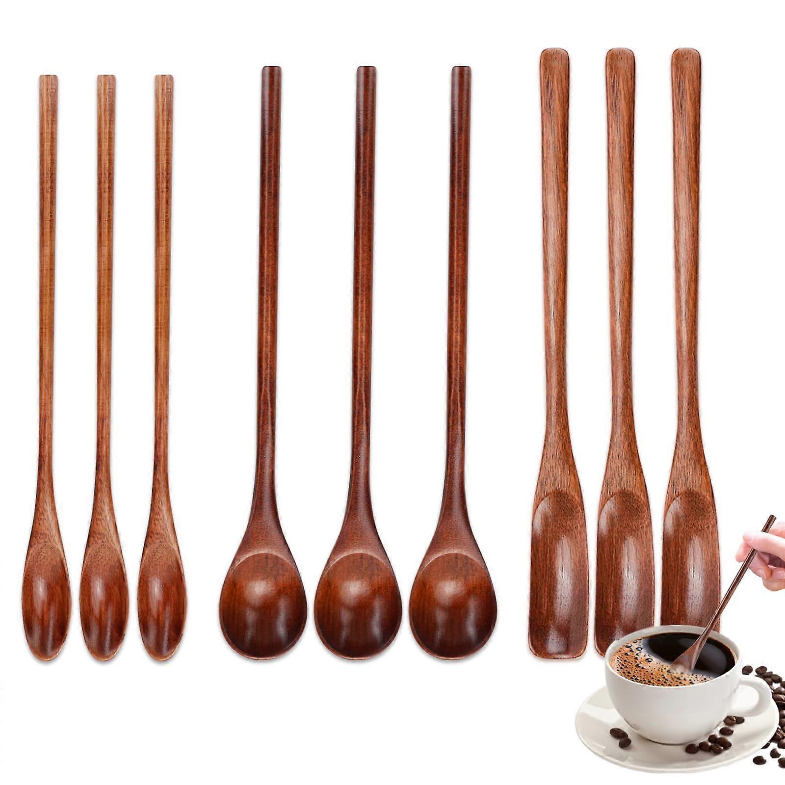 9 PCS Wooden Spoons Set with Long Handle for Coffee and Honey, Handmade EcoFriendly Kitchen Utensils
