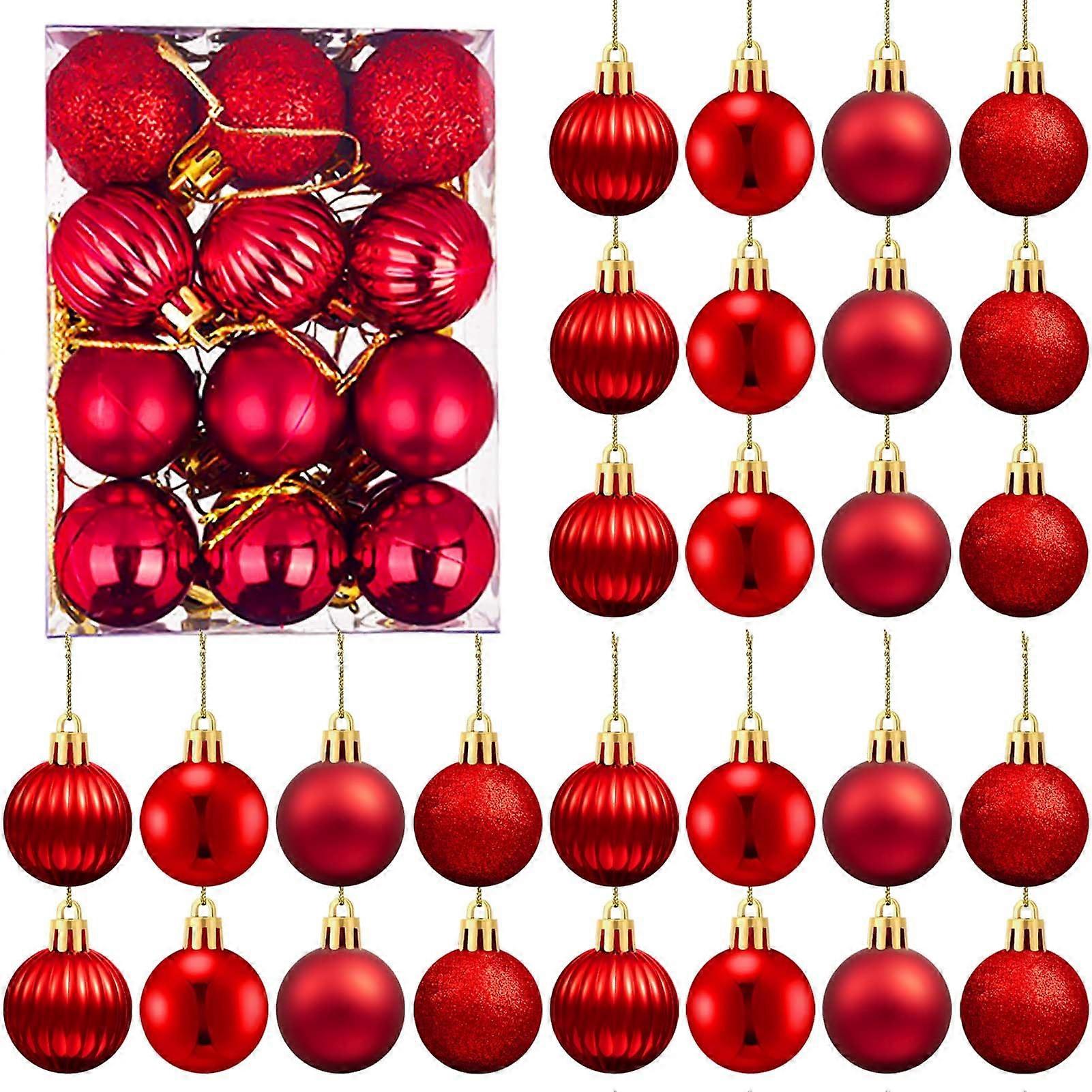 24pcs Mini Red Christmas Ornaments Balls 1.2in Shatterproof Tree Decorations Set