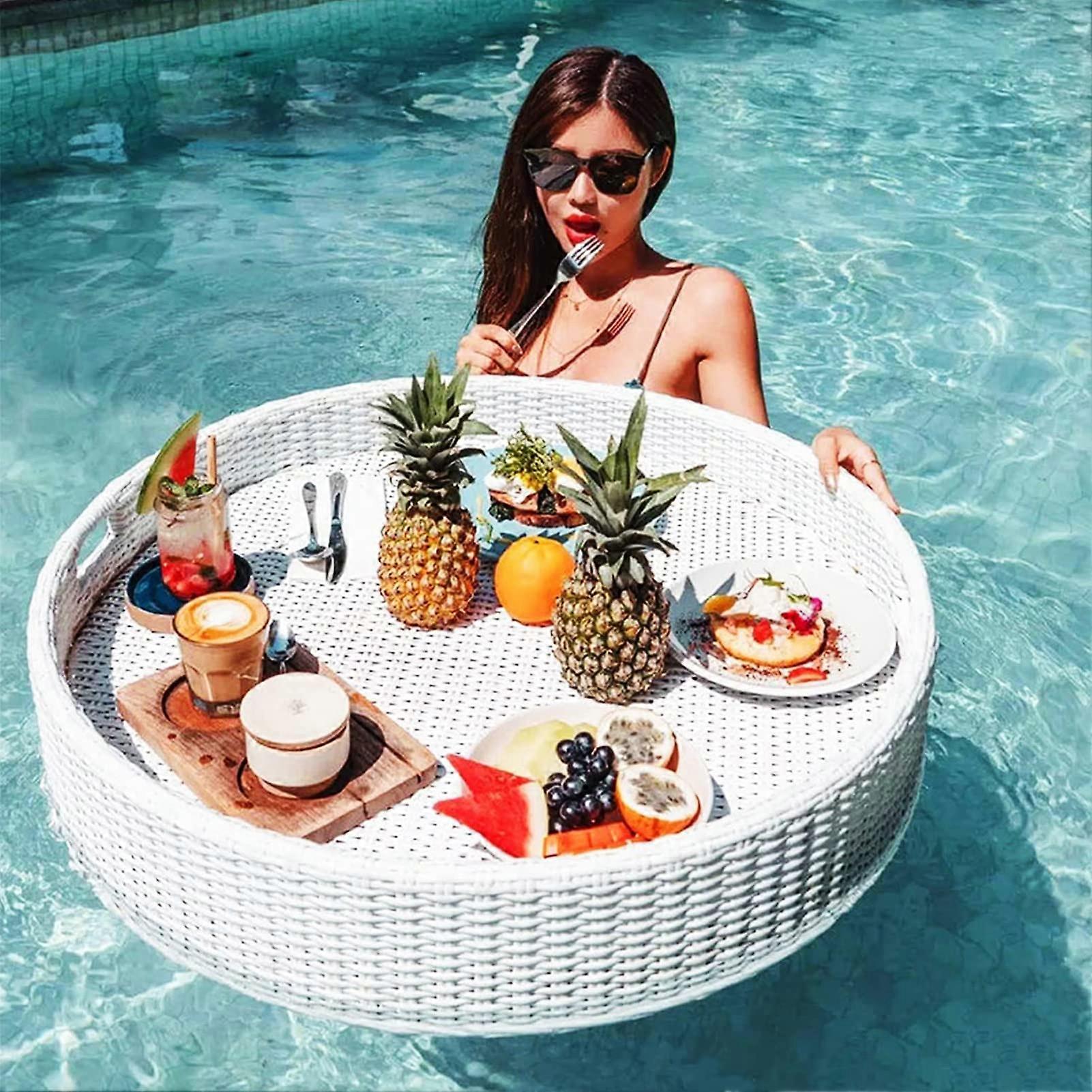 Oversized Floating Pool Tray with Extra Large Capacity, Durable Rattan Serving Bar for Pool Parties, White
