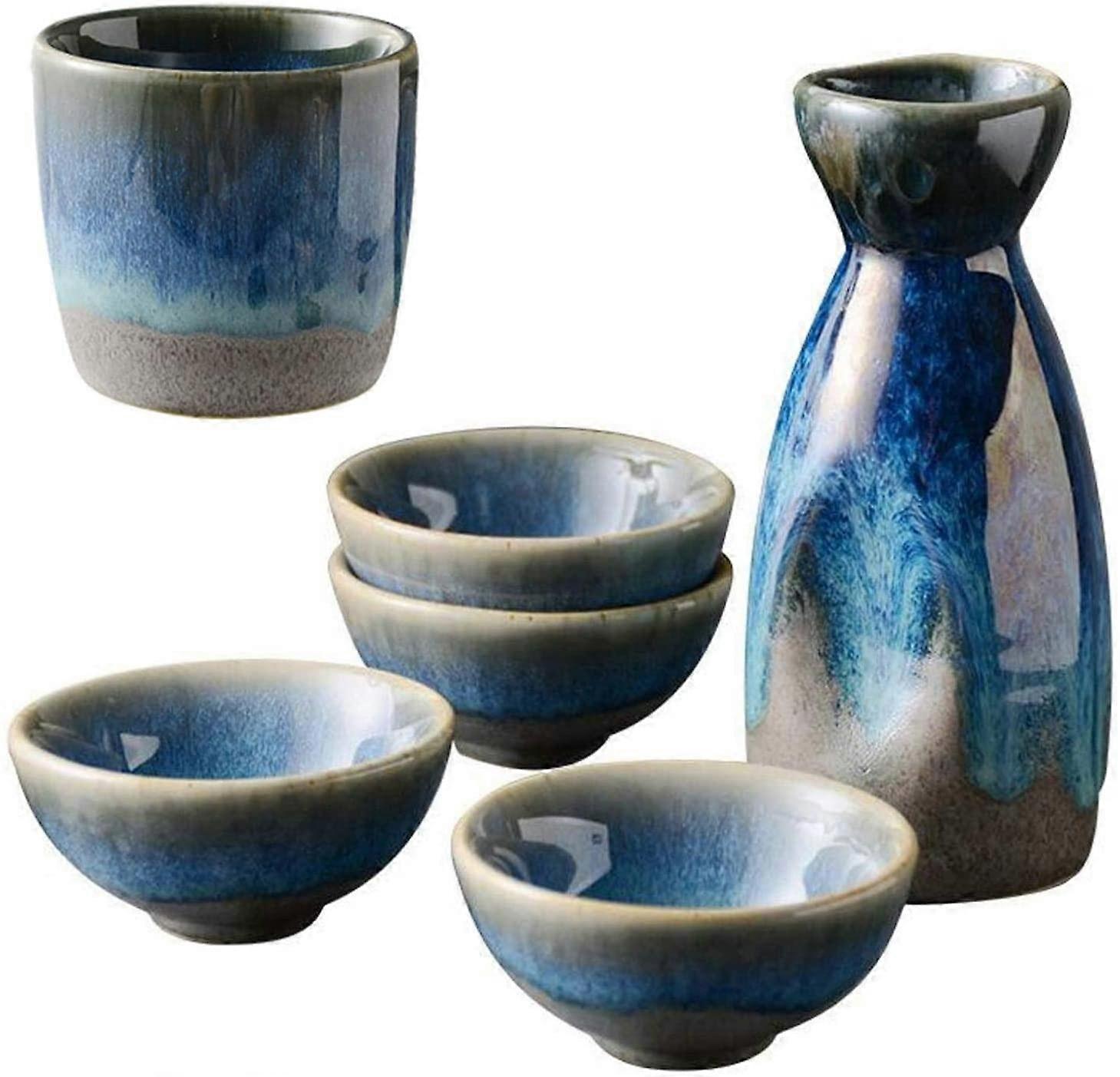 Ceramic Sake Set with Warmer and Cups, Tie Dye Color, LeakProof Bottle, GiftReady Packaging