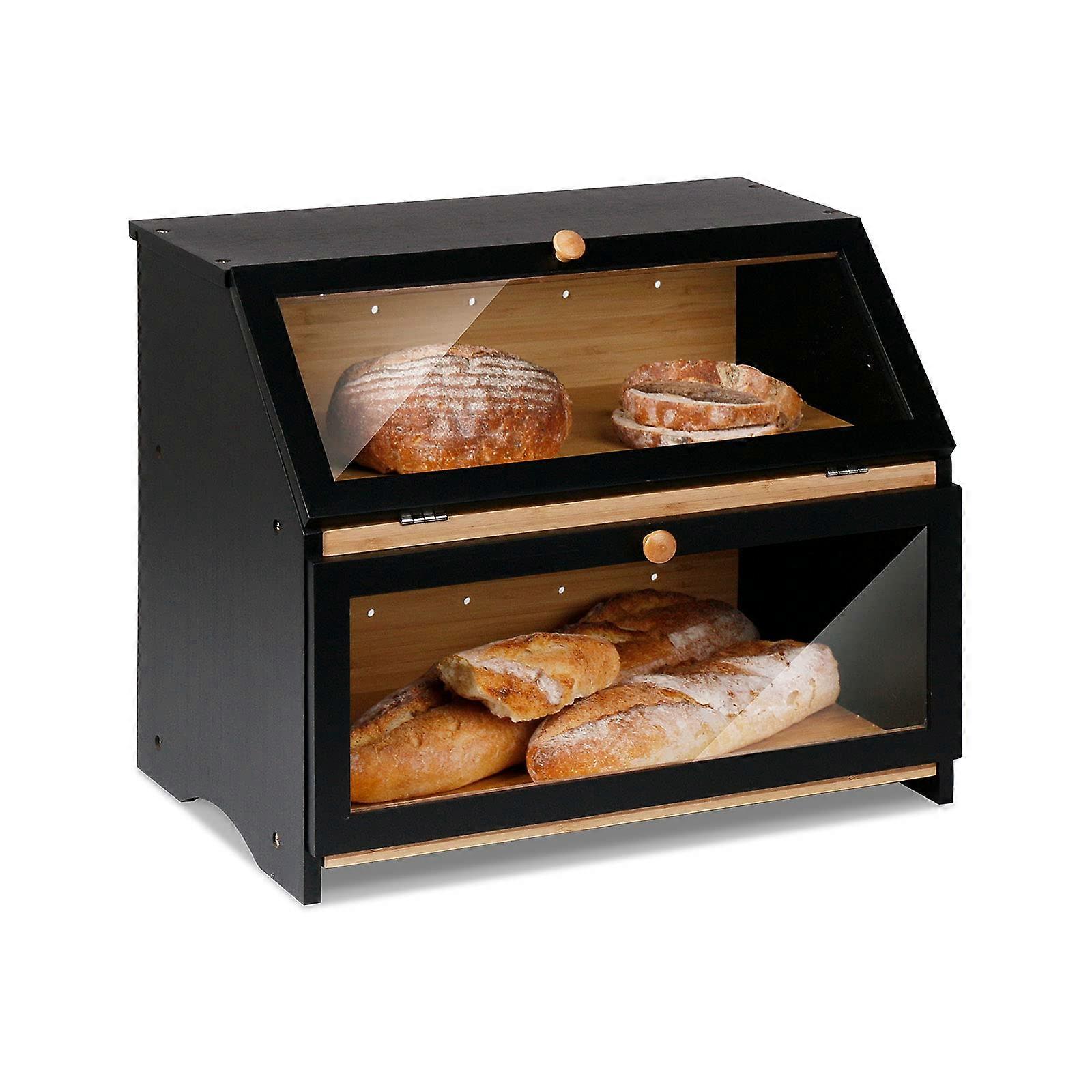 Large Black Bamboo Bread Box Double Decker 2Layer Bin with Window Keeps Bread Fresh for Kitchen