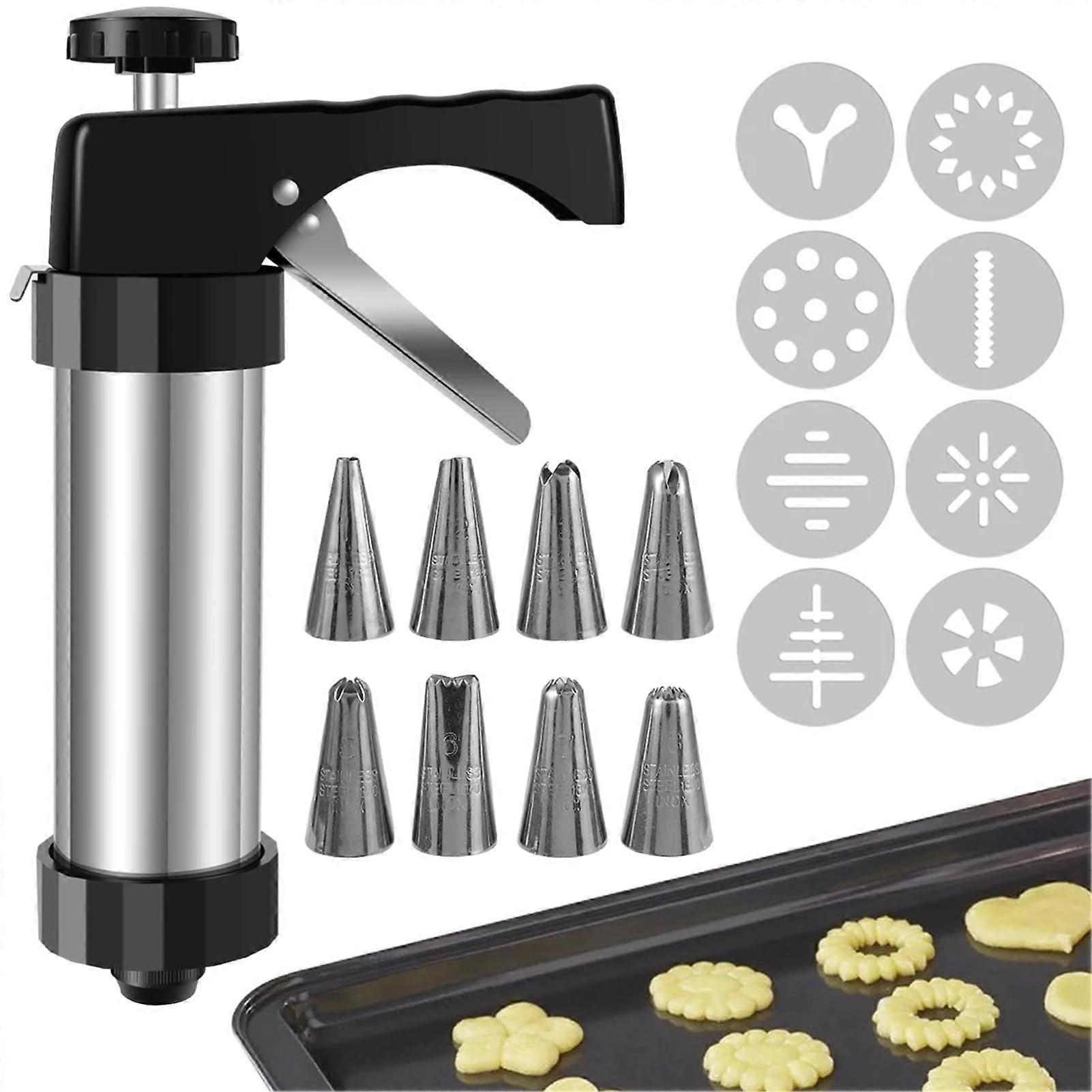 Cookie Press Stainless Steel Biscuit Maker Kit with 8 Discs and 8 Tips for Cake Decorating