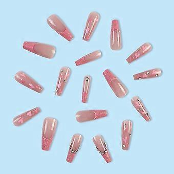 PurewH Press on Nails Długie sztuczne paznokcie Różowy francuski klej na paznokcie Błyszczące kryształki