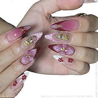 Pink Gradient 3D Flower Pattern False Nail Almond Shape ABS Press On Nail for Comfortable Wear Parties Weddings 24pc Multicolor SL
