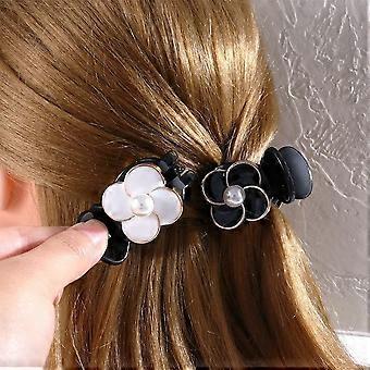 Flower Hair Clip, Camellia Hair Clips Black Camellia Hair Claw Clips Shiny Hairpins Strong Hold Hair Clip for Thick or Thin Hair(black)  black