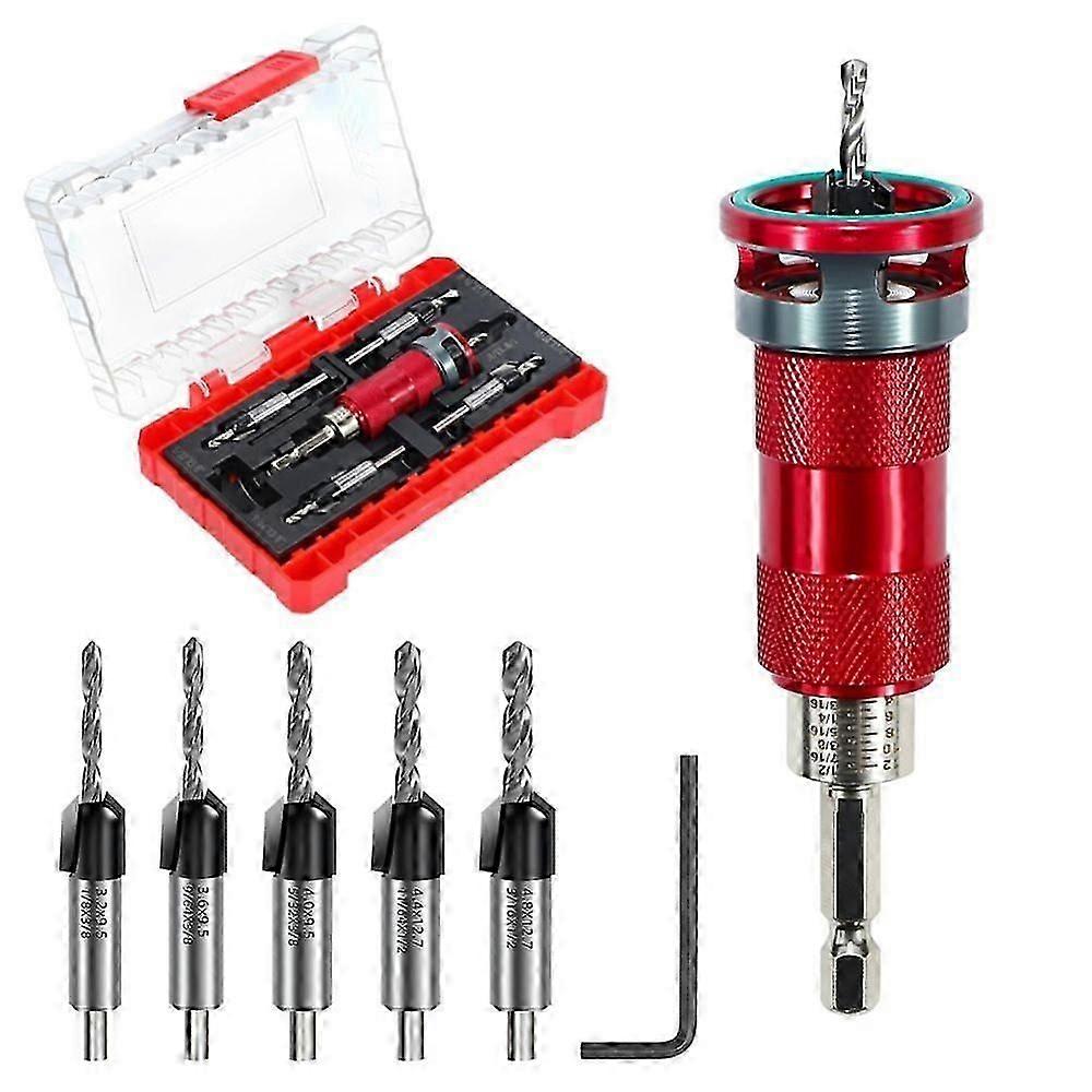 Quick-Adjust Countersink Drill Bit Set with Aluminum Stop Collar, 5 Replaceable HSS M2 Bits and A Wrench
