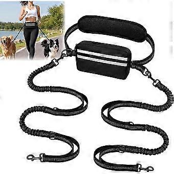 Hands Free Double Dog Leash for 2 Dogs, Shock Absorbing Bungee, Adjustable Waist Belt & Pouch-JNNJV