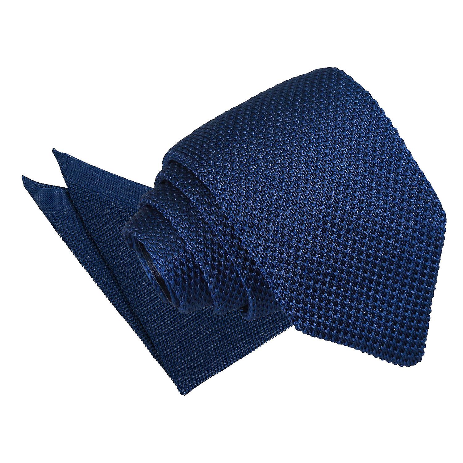 Navy Blue Knitted Slim Tie and Pocket Square Set