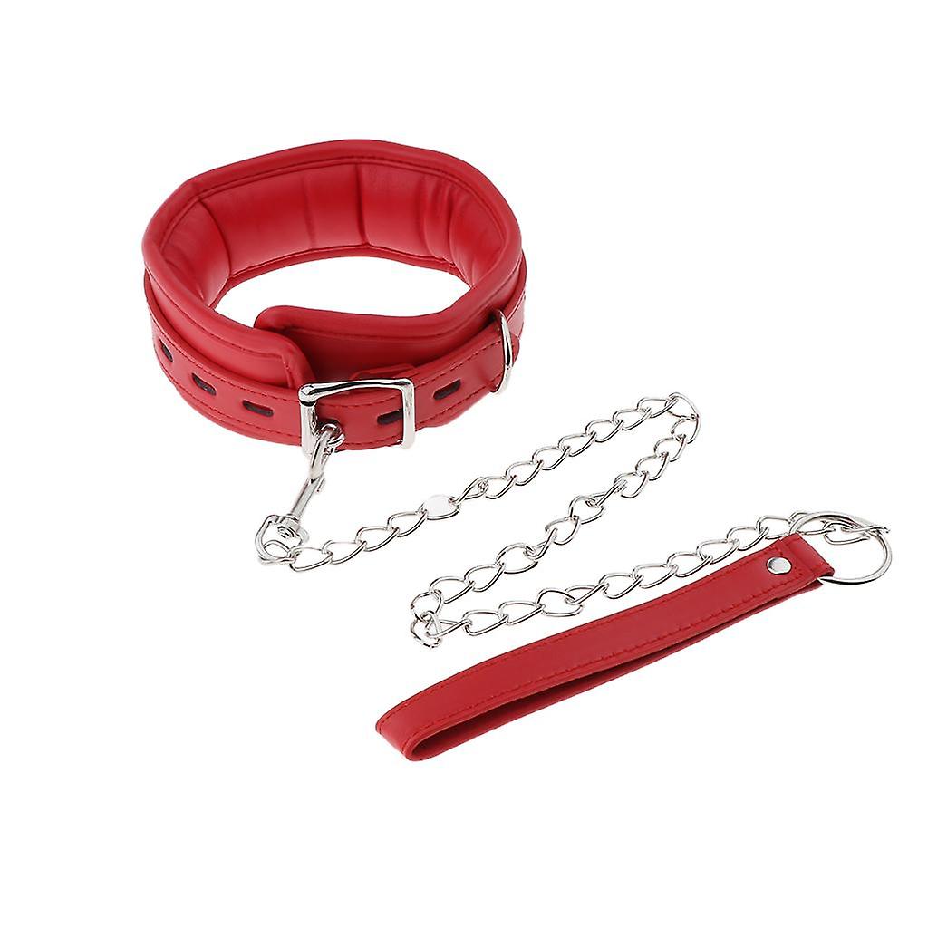 Adjustable Pad Leather Collar Choker with Chain Detachable Leash Red