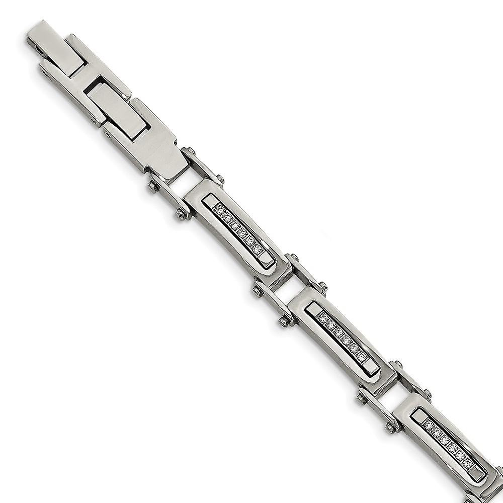 Stainless Steel Fold over Polished Cubic Zirconia With .50inch Ext. Link Bracelet 8.25 Inch 8mm Wide-Link-Bracelet for W