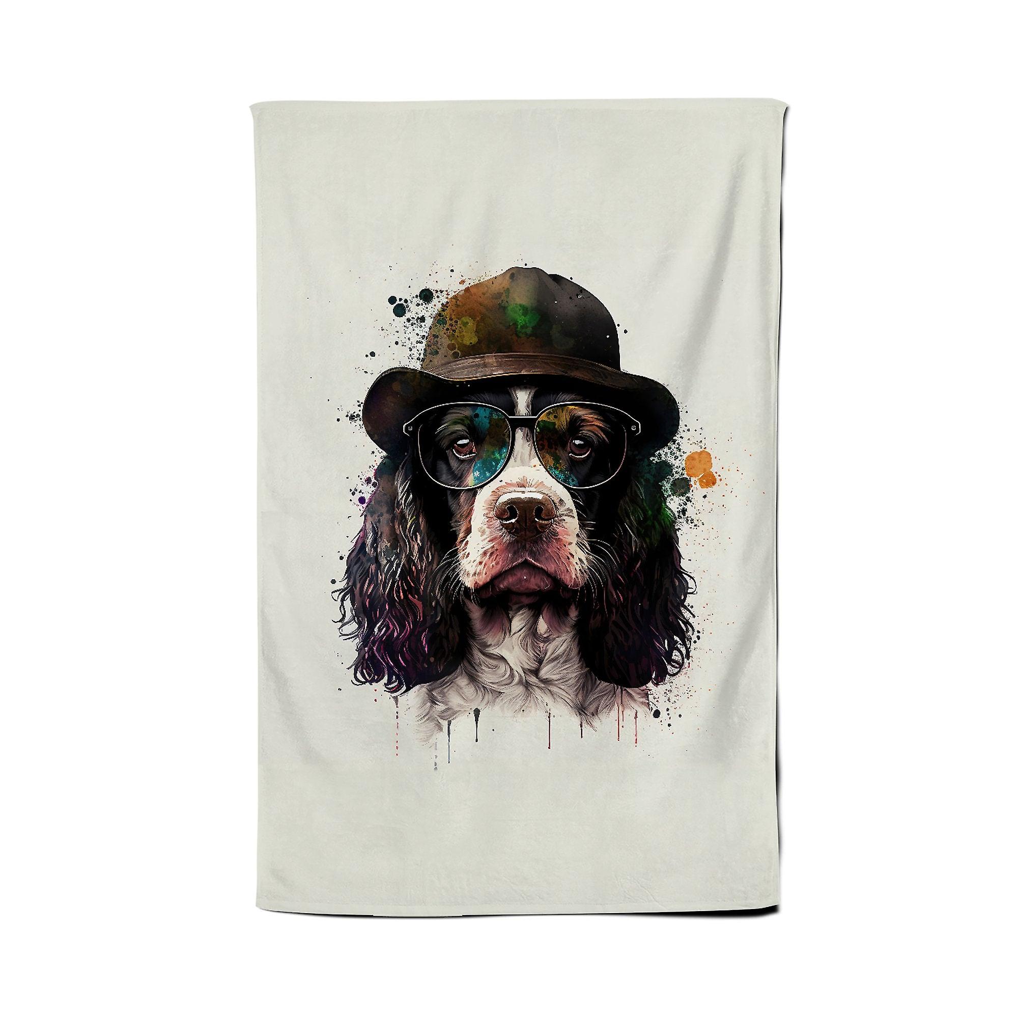Springer Spaniel Dog With Glasses Splashart Tea Towel