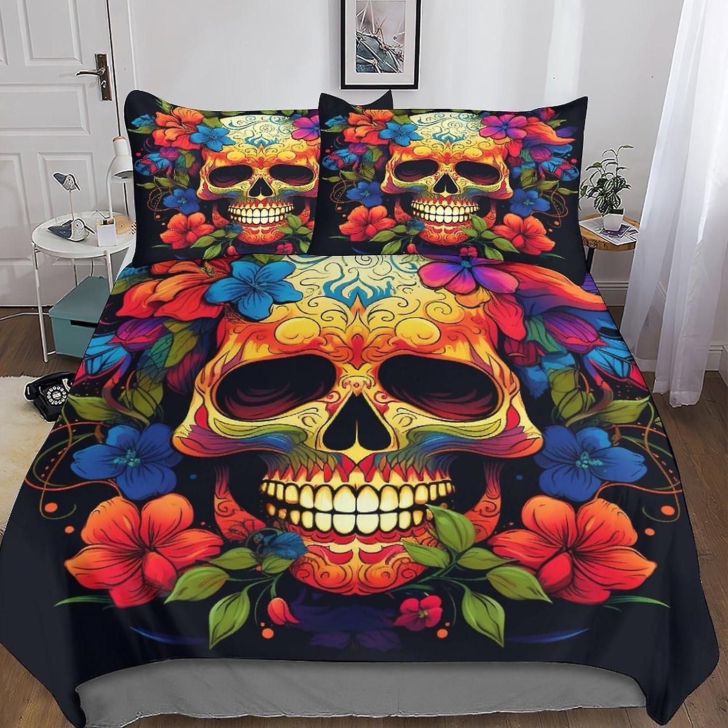 VCLUST Gothic Skull Comforter Cover 3D Print Bedding Set Decorative 3 Piece Set Creative Skull Duvet Cover Set Bedspread Cover with Pillowcase Soft Mi