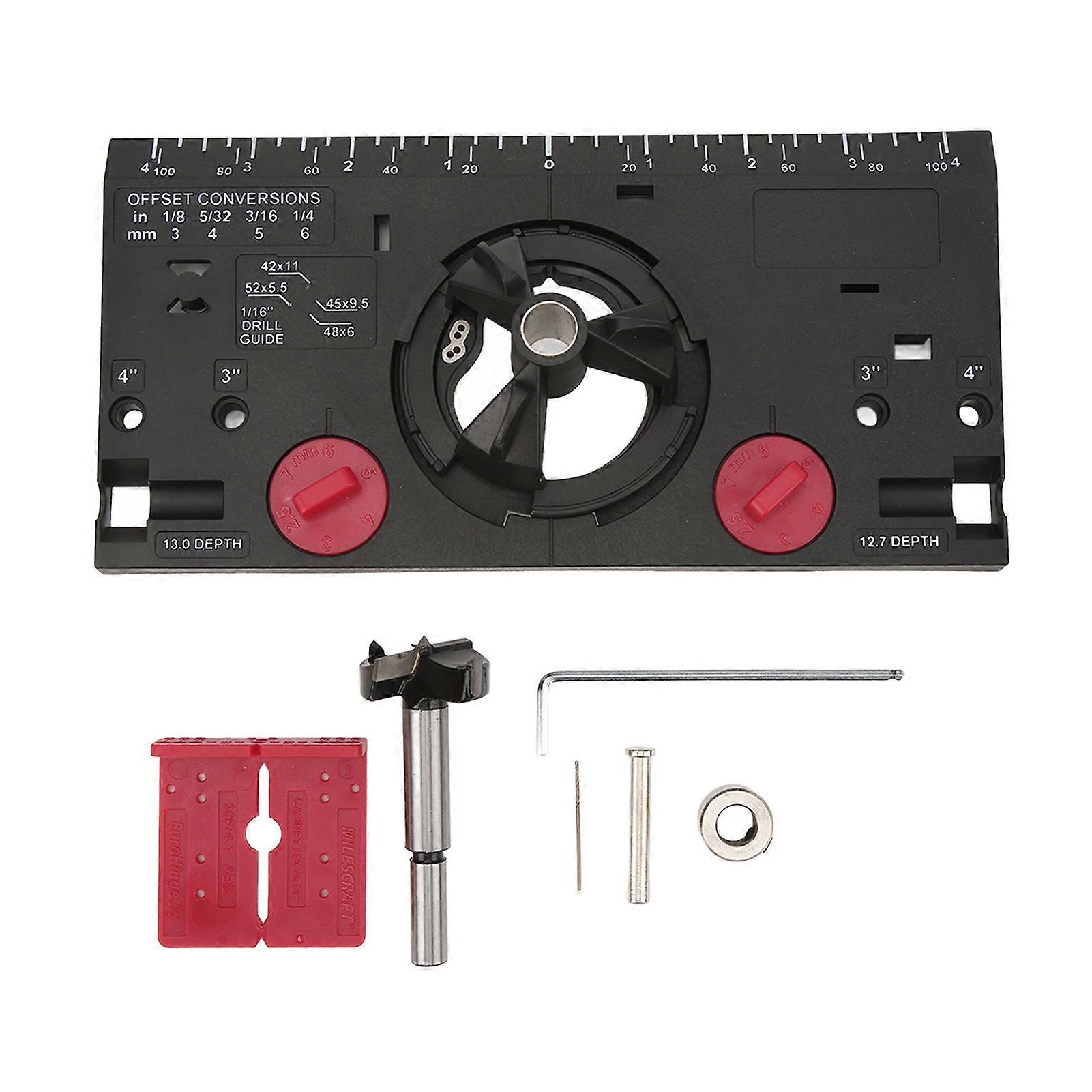 35mm Hinge Boring Jig Woodworking Hinge Hole Drilling Guide Locator with Cutter and 1/16in Bit Black
