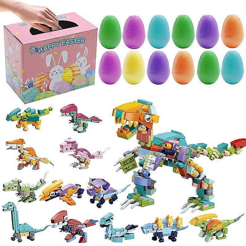 12pcs Easter Eggs Prefilled with Dinosaurs Building Blocks Surprise Easter Egg Stacking Block Sets for Easter Basket Stuffers
