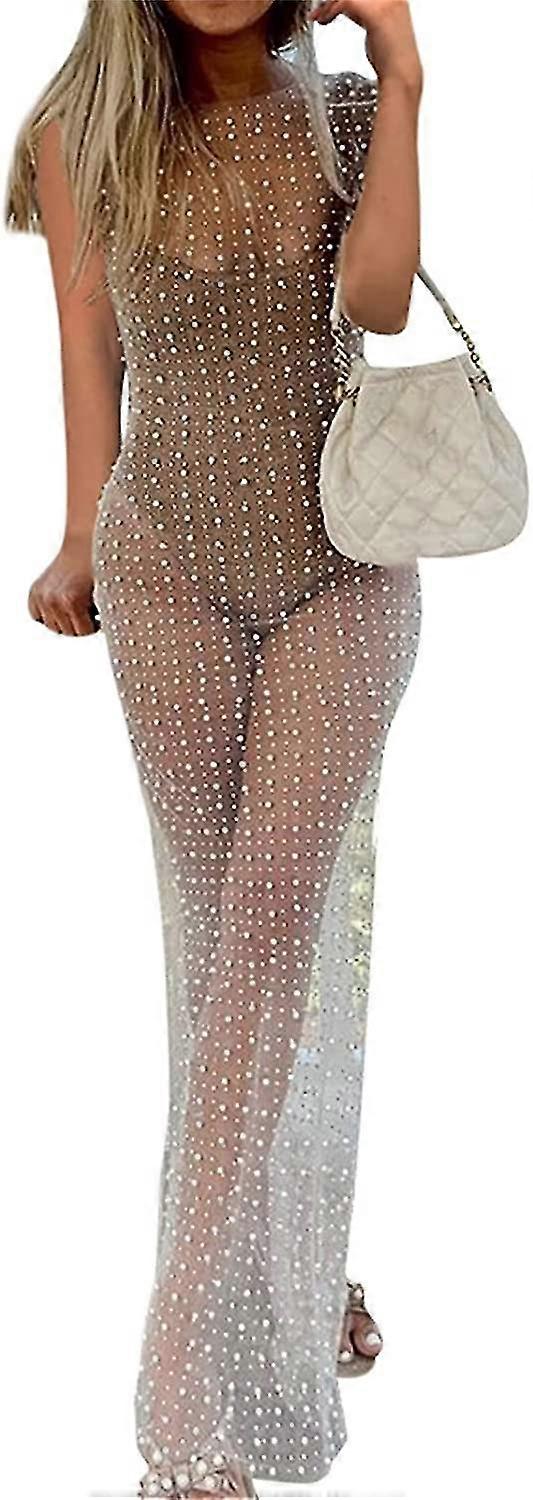 المرأة حجر الراين اللؤلؤ تغطية شبكة شفافة انظر من خلال الأكمام طويلة