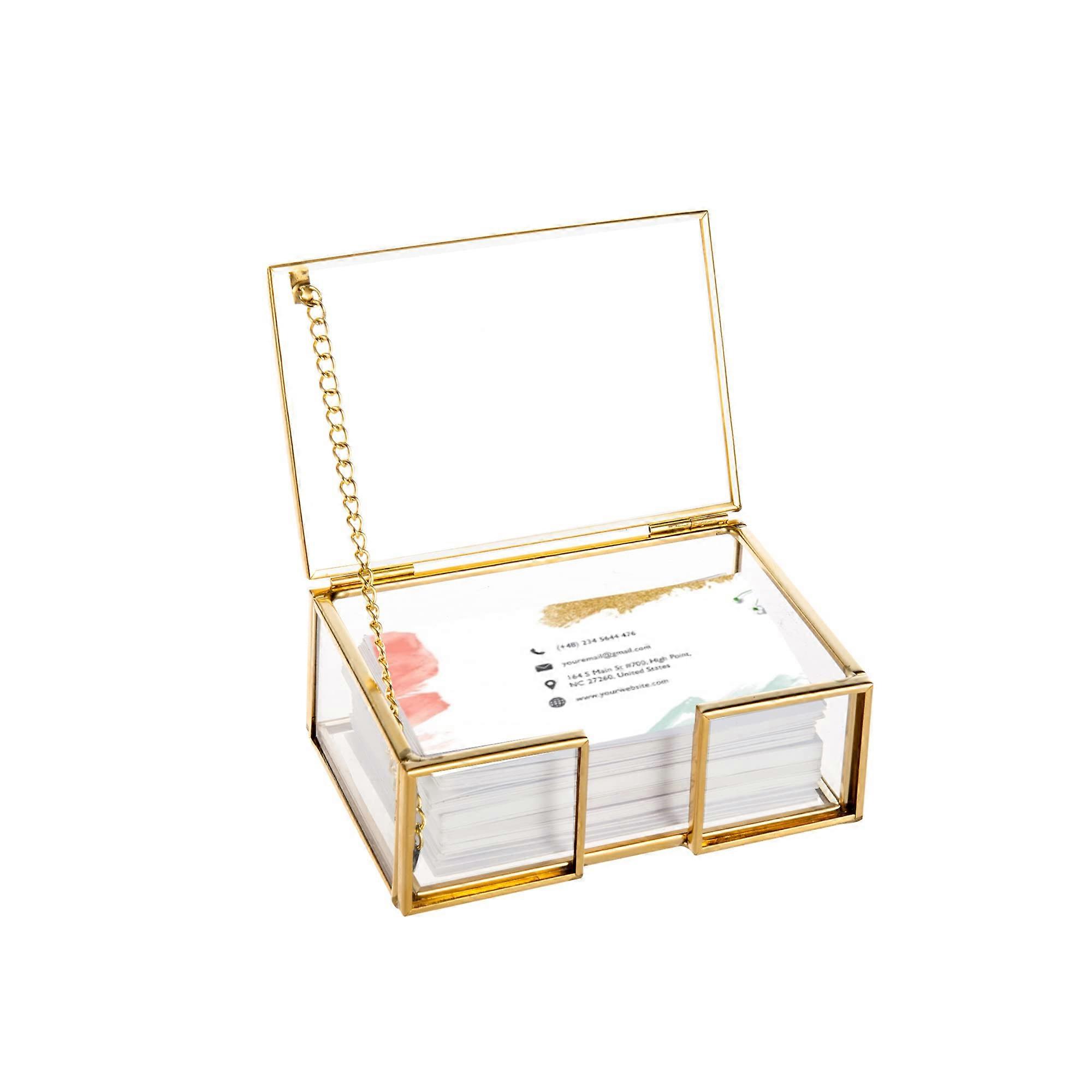 Gold Glass Business Card Box with Lid Name Card Display Holder Business Card Organizer Storage for Office Desk Tabletop