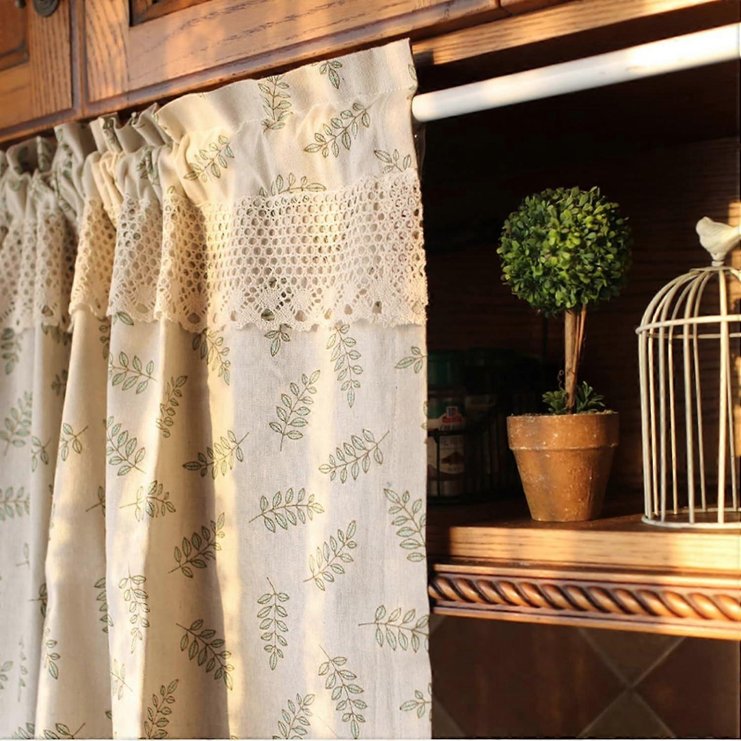 Beige Cotton Linen Green Leaf Retro Rustic Farmhouse Country Rod Pocket Opaque Short Curtain for Small Window Drapes Valance ShadesW55 x L20 inch