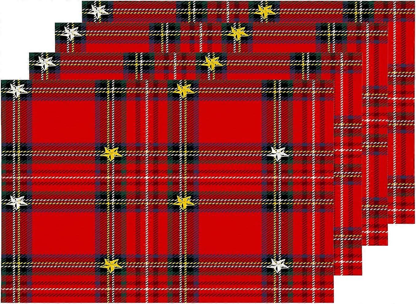 Sets de table à carreaux rouges, Noël Tartan rouge Plaid Tapis de table Lin Toile de jute Isolation thermique lavable à deux étages pour table à manger Table de cuisine Ensemble de 4 (1