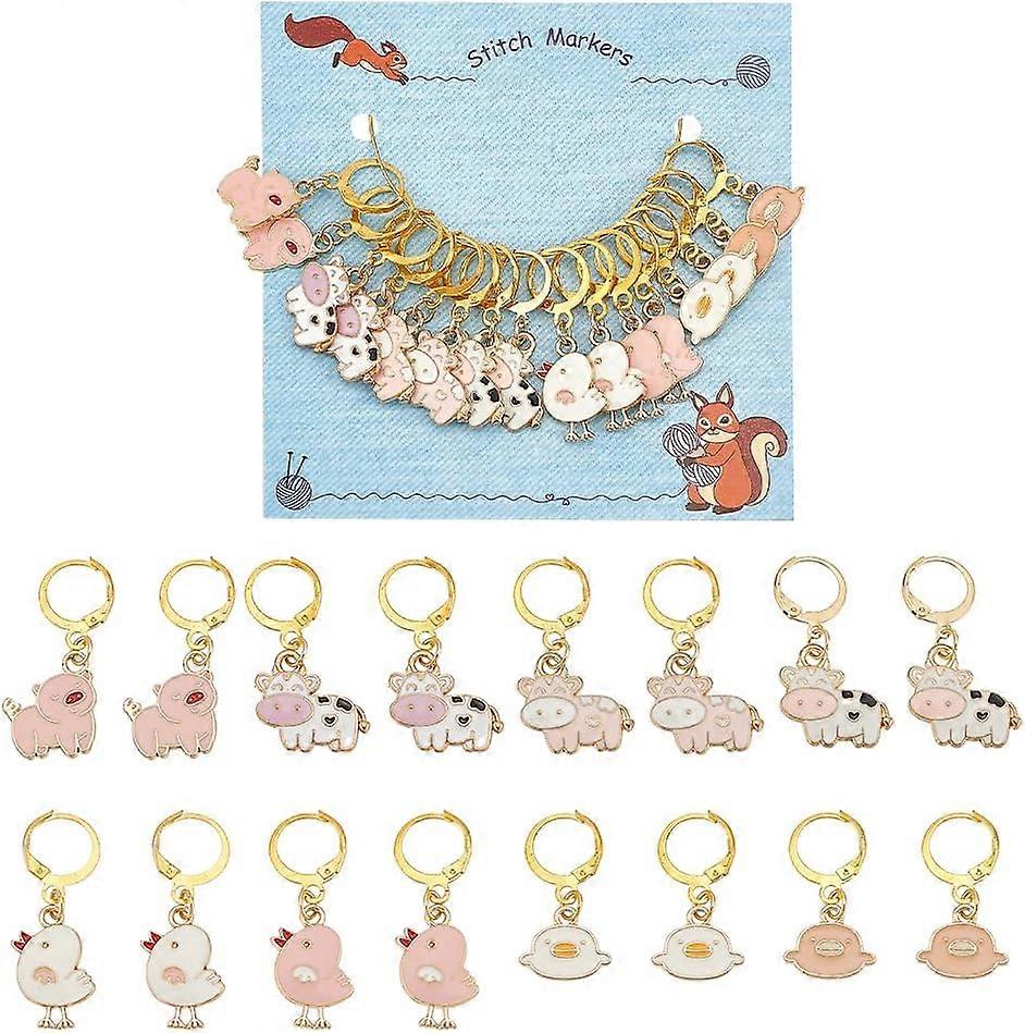 16 Pcs Farm Animal Stitch Markers Pig/Chick/Duck/Cow Stitch Marker Removable Leverback Hook Locking Stitch Marker for Knitting Weaving Sewing Jewelry