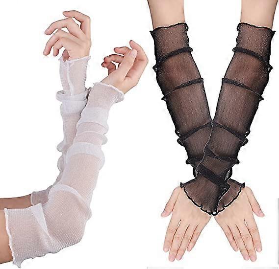 2 pairs of ultra-long and ultra-thin fingerless elbow summer gloves with sun protection (50cm, black and white), cold resistant mesh gauze, sun protec