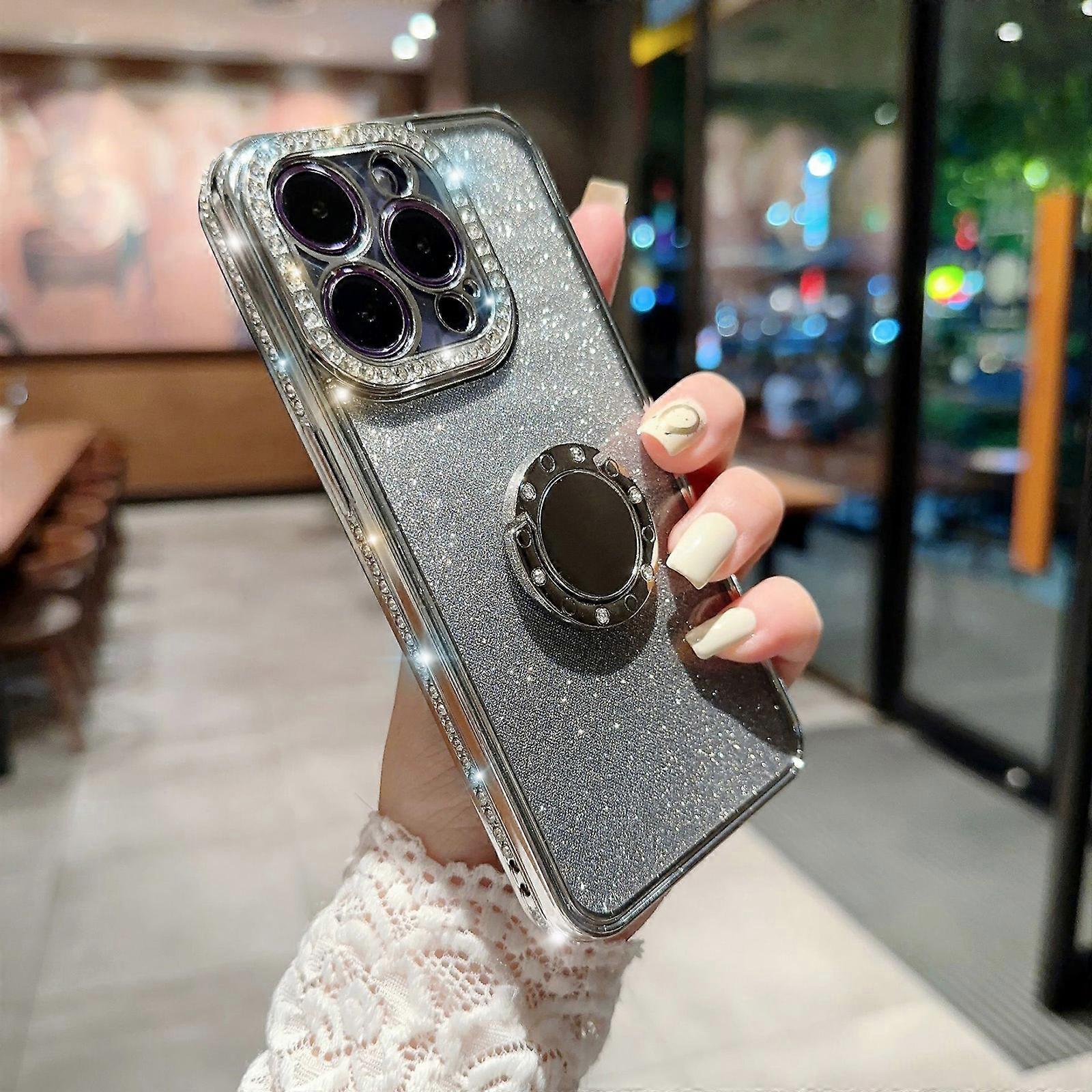 Glitter Plating Case for iPhone 15 Plus Case, Bling Sparkle Protective Cover Slim TPU Bumper Shockproof Phone Case with Ring Holder