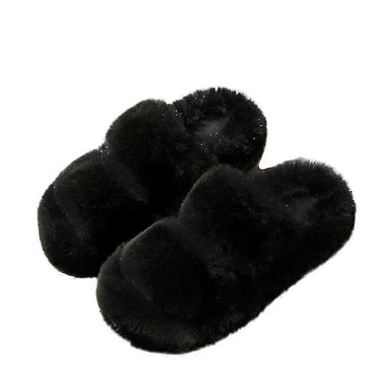 Fuzzy Slippers Women Furry Cross Band House Slippers Open Toe Slipper Slides Rabbit Fur With Memory Foam Insole