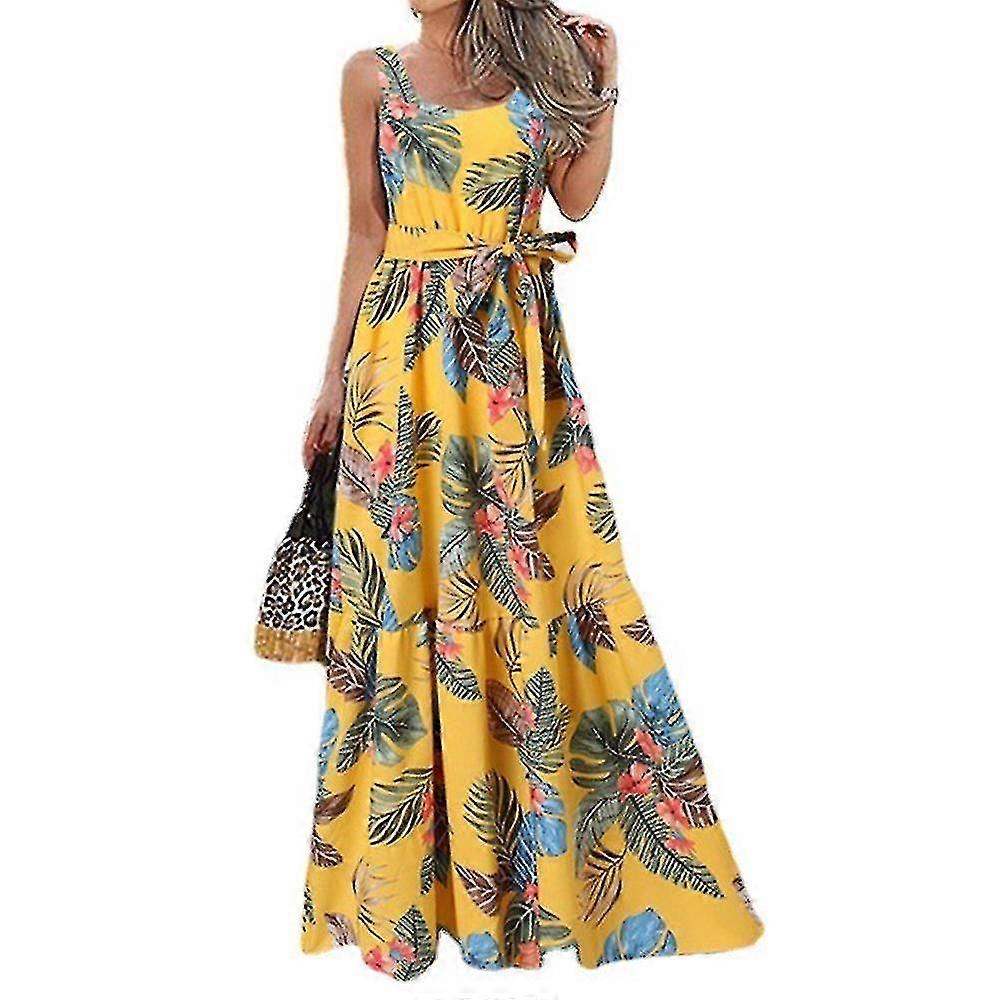 Kadın Strappy Baskılı Yaz Kolsuz Basit Uzun Maxi Elbise Beach Tatil Partisi Sundress