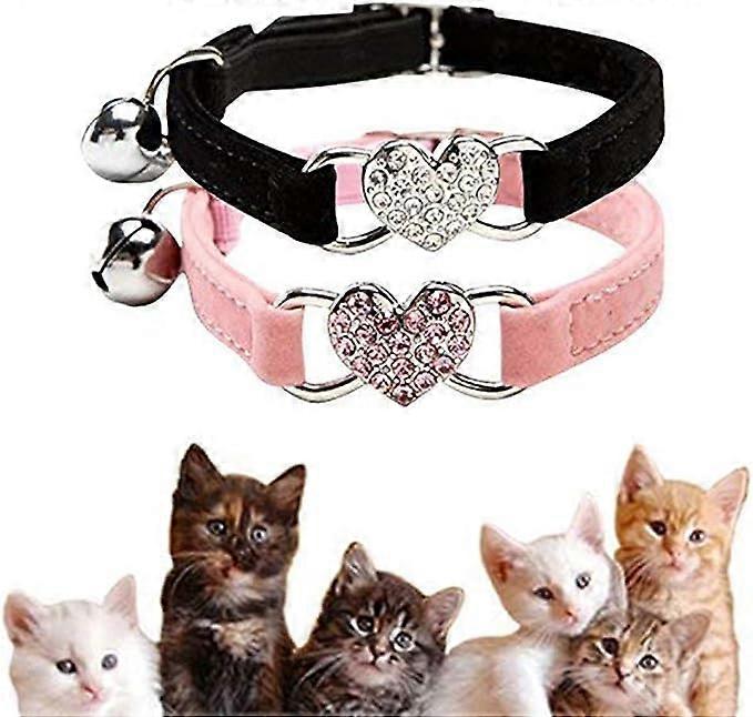 2-piece love flocked colored diamond bell cat collar (black and pink), cute little cat collar, cat collar with bell and elastic band