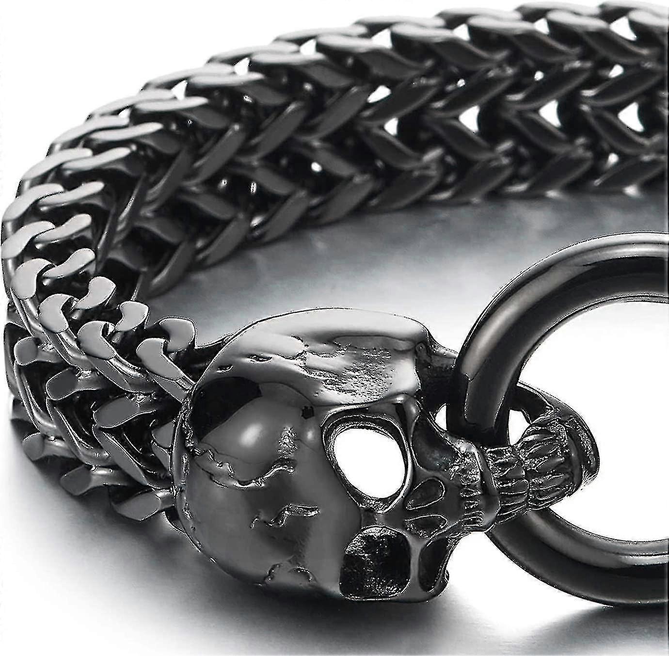 Gótico Mens Inoxidável Crânio de Aço Inoxidável Franco Link Pulseira de corrente de meio-fio com fecho anel de mola 8,5 polegadas preto