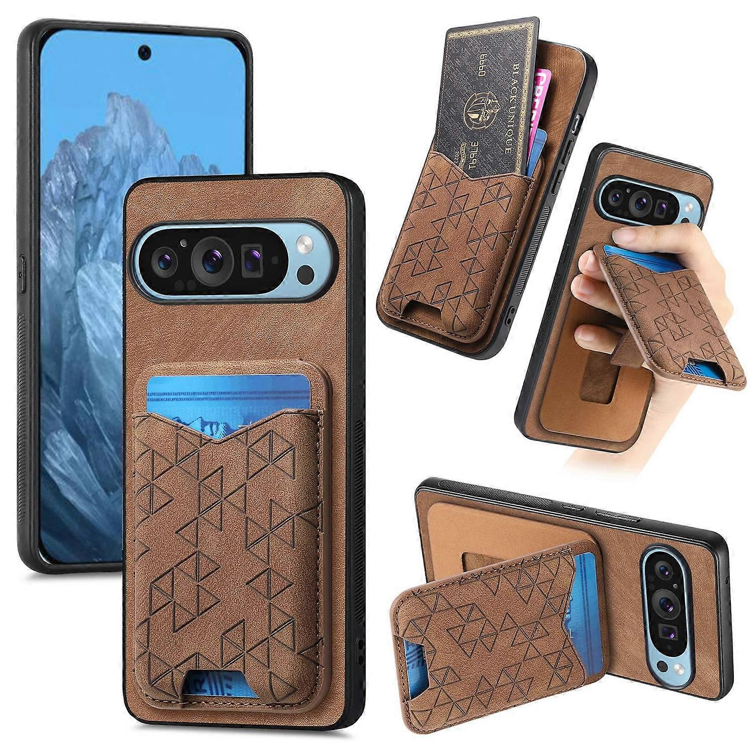For Google Pixel 9 Pro XL Case Imprinted Pattern Card Holder Kickstand Leather Back Cover - Brown